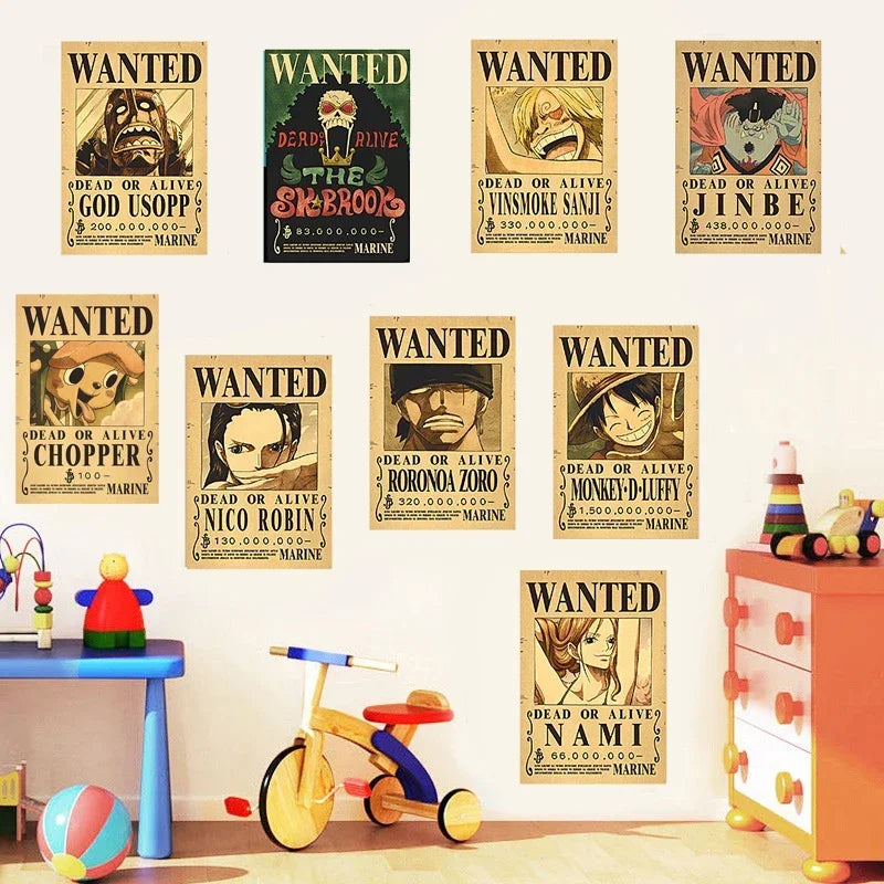 2023NEW Anime One Piece Nika Luffy Wanted Kids Bedroom Retro Poster Zoro Living Home Decoration Pirate Manga Wall Paper Stickers